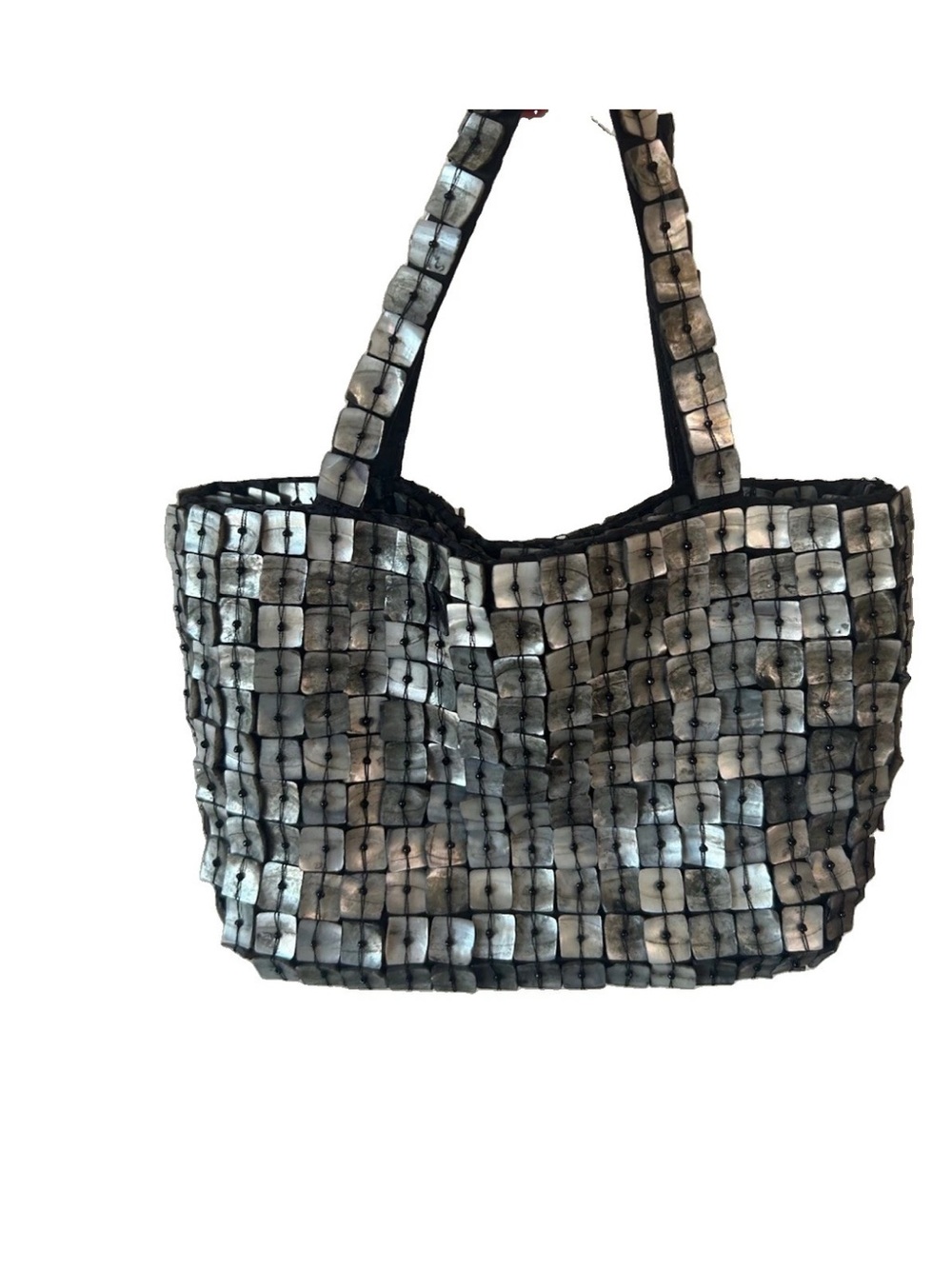 Vintage Y2K Mother of Pearl Shell Tile Handbag Beaded Silver Mini Purse - Picture 4 of 14